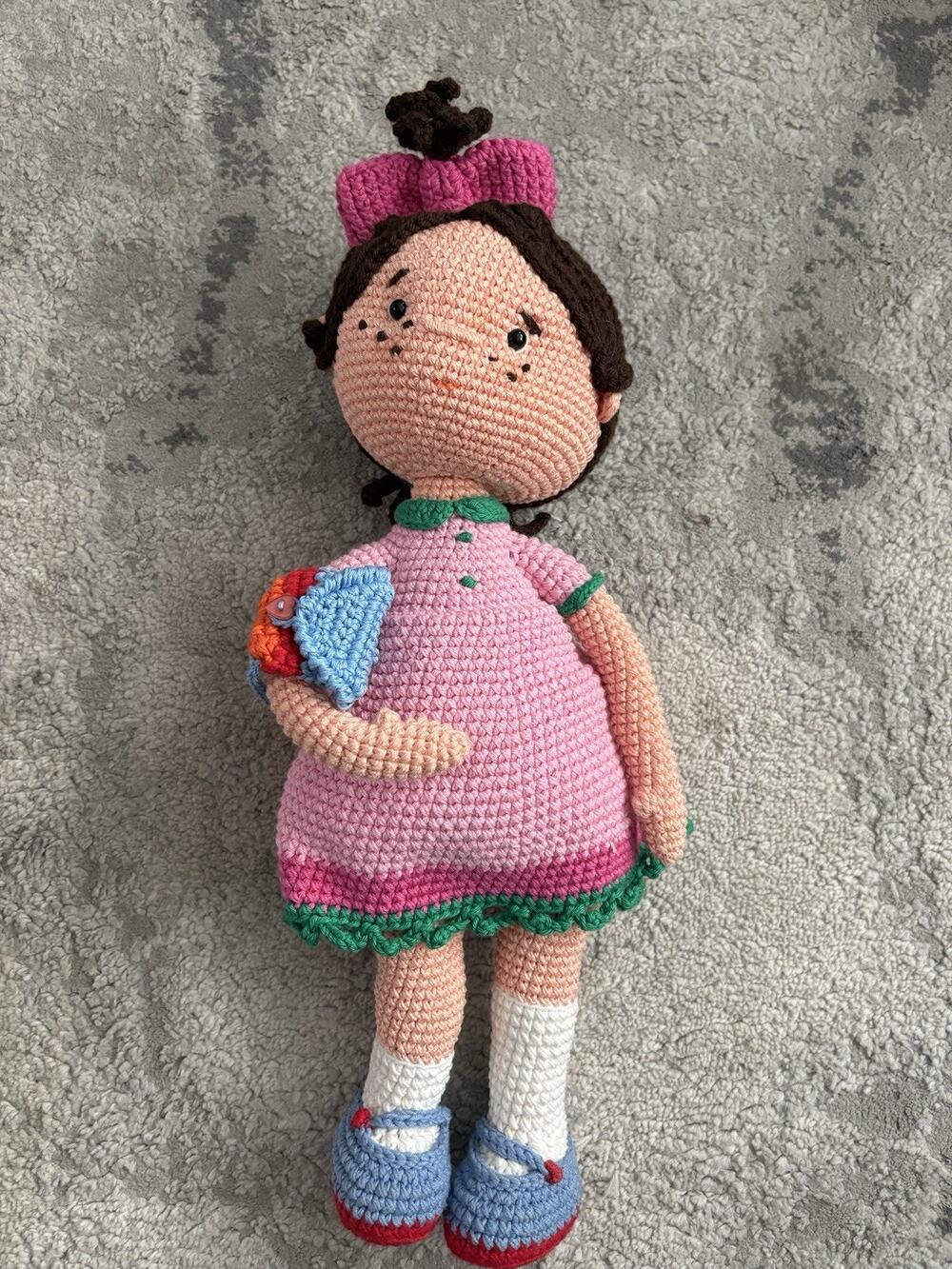 Hand Made Crochet Doll 18 In Tall Brown hair pink Dress
